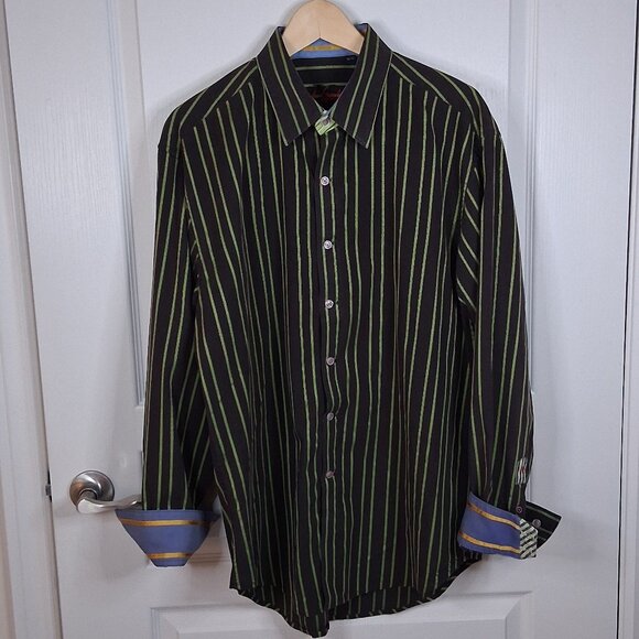 Robert Graham Shirt Men's XL Button Down Long Sleeve Green Striped Flip Cuff - Picture 1 of 5